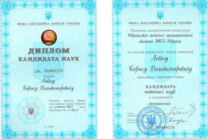 Диплом кандидата медицинских наук Левин Б. В.